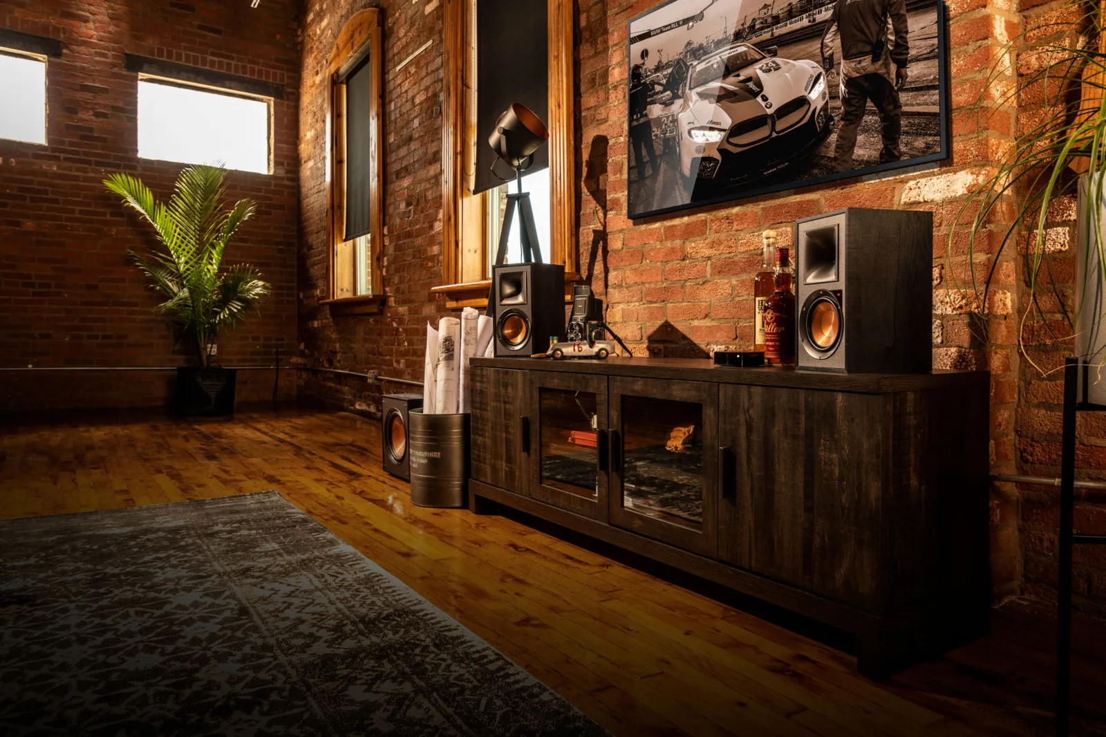 Klipsch Reference Powered Speakers on a wooden cabinet