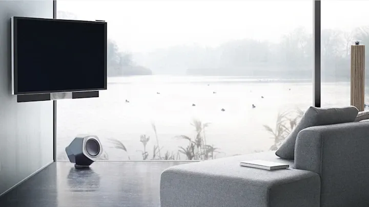 Beolab 19 speakers in living room under tv