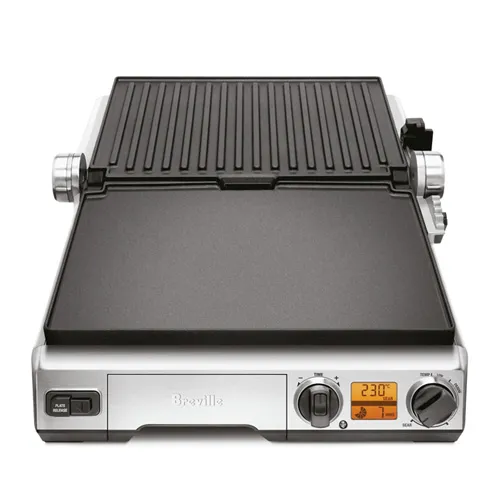 the Smart Grill in Brushed Stainless Steel with open flat BBQ mode