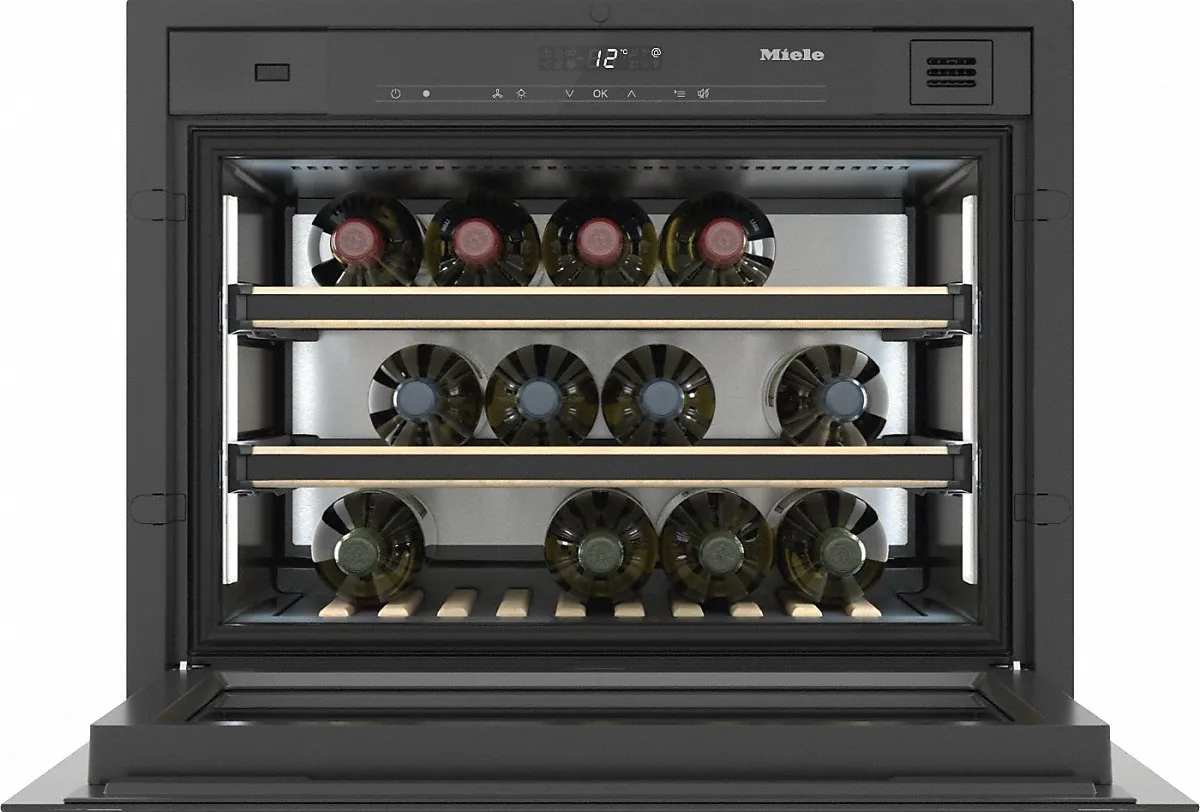Miele מקרר יינות אינטגרלי 45 ס"מ 18 בקבוקים פתיחה חשמלית ללא ידית תוצרת Miele דגם KWT 7112 IG Obsidian Black — תמונה 2