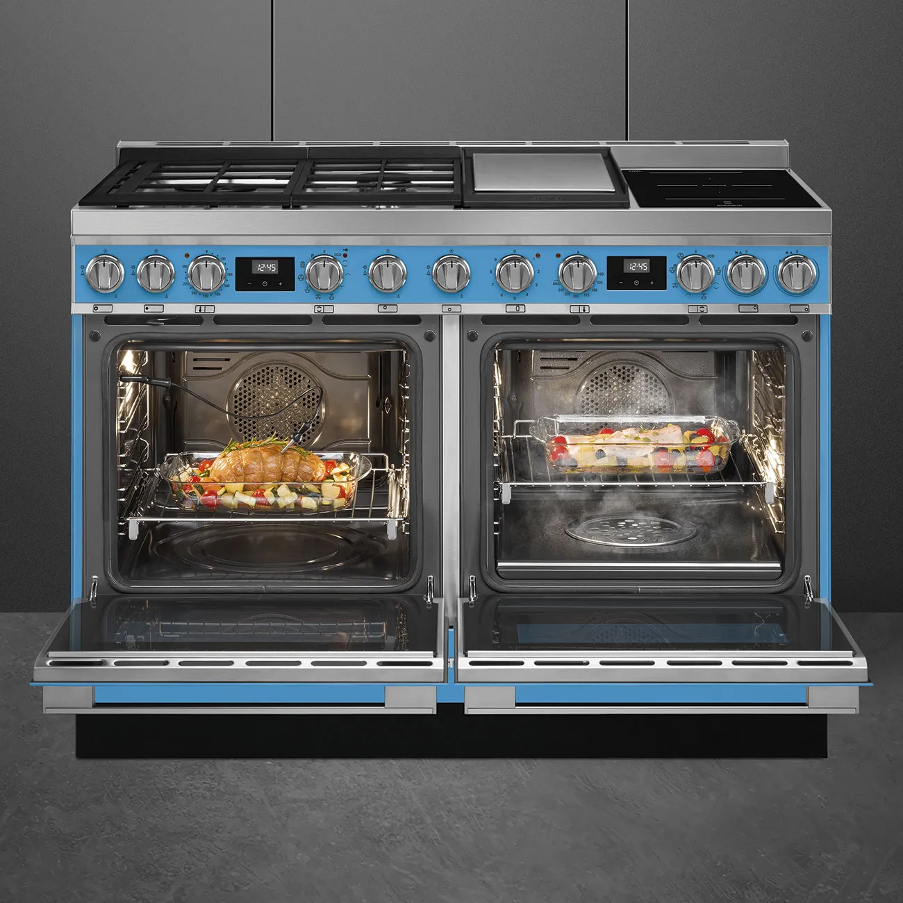SMEG תנור משולב דו תאי 120 ס"מ עם כיריים גז+אינדוקציה ניקוי פירוליטי ובישול באדים צבע טורקיז תוצרת SMEG דגם CPF120IGMPT — תמונה 8
