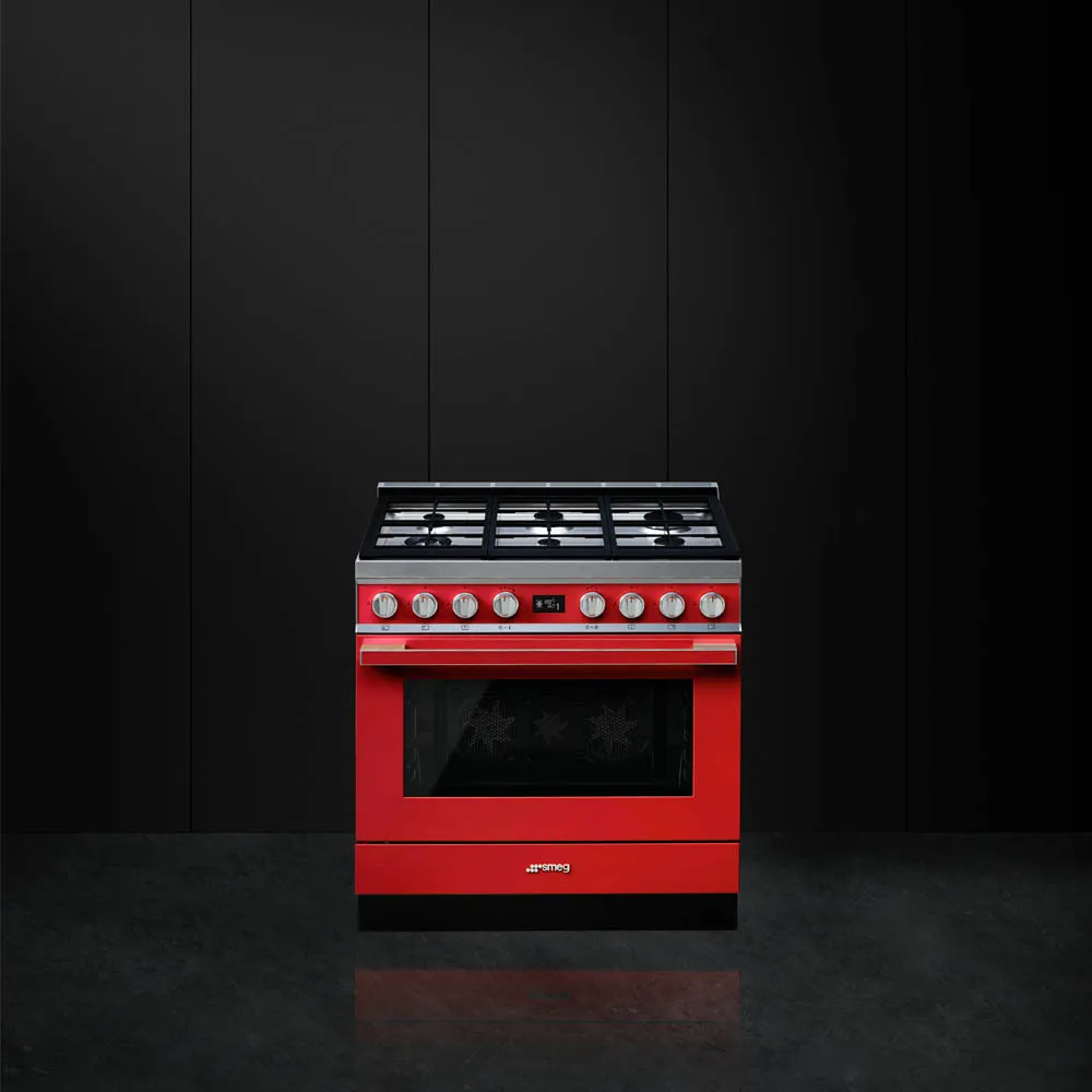 SMEG תנור משולב כיריים גז 90 ס"מ פירוליטי סדרת PORTOFINO זכוכית אדומה תוצרת SMEG דגם CPF9GPR — תמונה 6