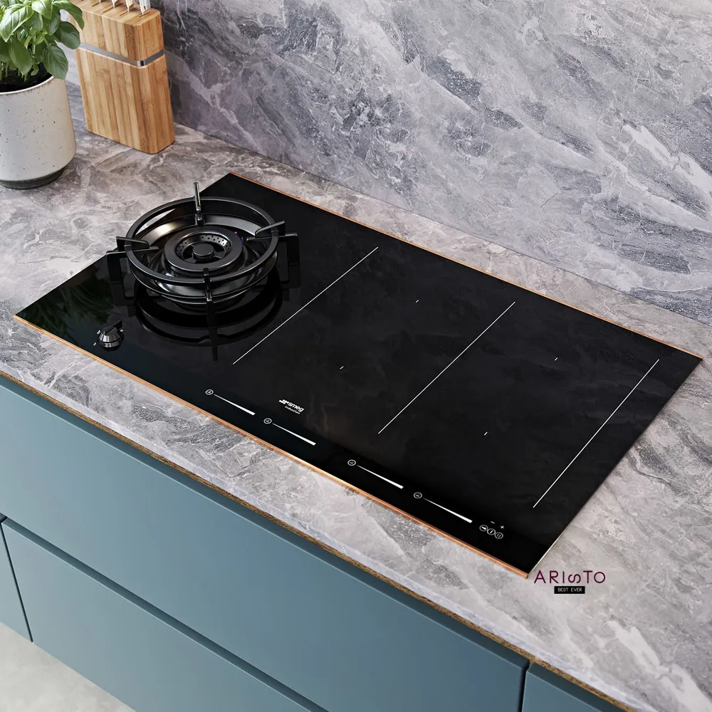SMEG כיריים משולבים גז + אינדוקציה 90 ס"מ זכוכית שחורה מסגרת נחושת סדרת Dolce Stil Novo תוצרת SMEG דגם PM6912WLDR — תמונה 6
