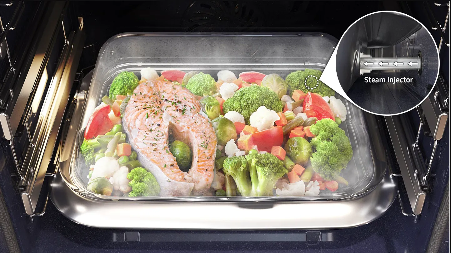 תנור אידוי Dual cook Full steam פירוליטי 60 ס"מ AIRFRY בעיצוב יוקרתי עם מצלמת AI פתיחה חשמלית ללא ידית תוצרת Samsung דגם NV7B7997AAK