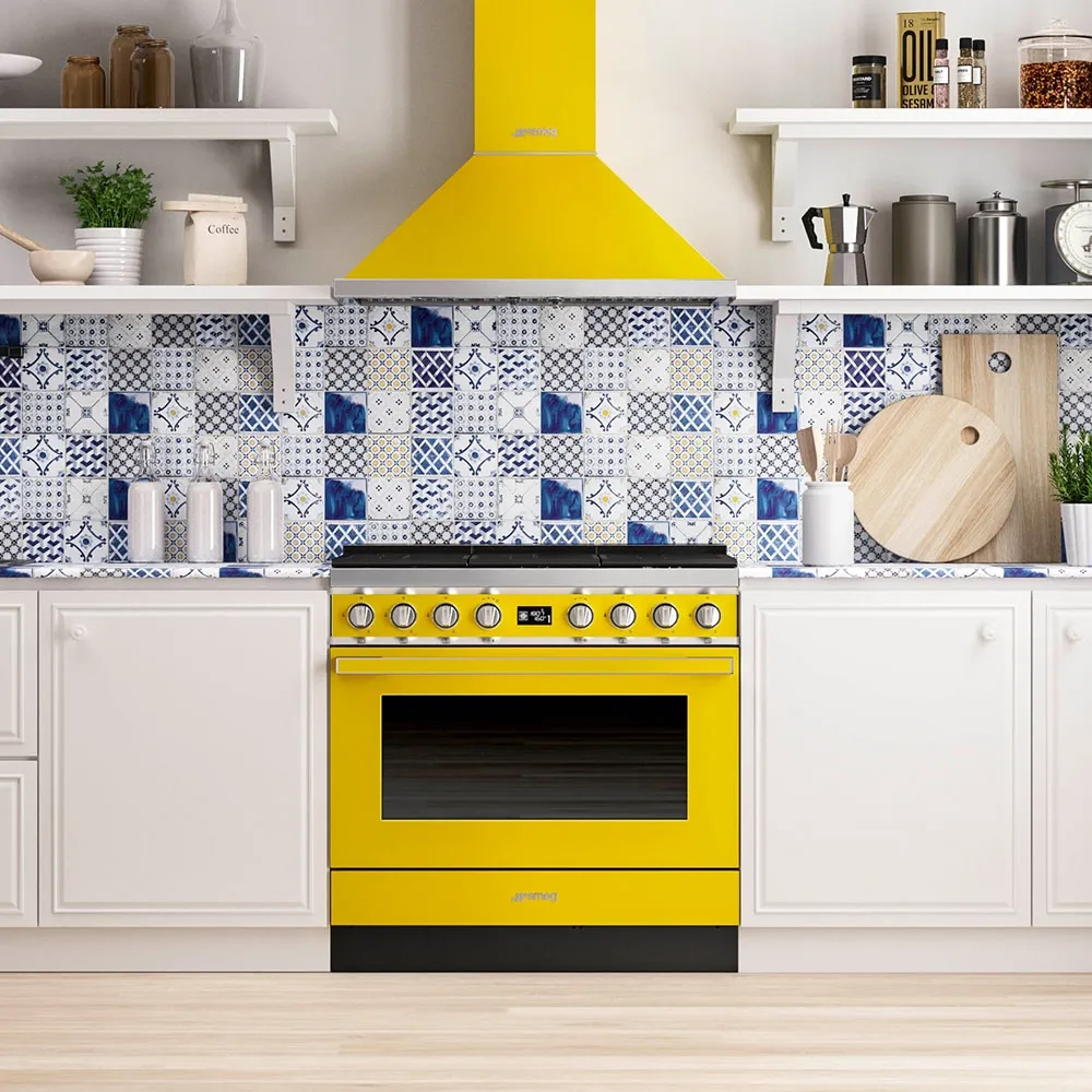 SMEG תנור משולב כיריים גז 90 ס"מ פירוליטי סדרת PORTOFINO זכוכית צהובה תוצרת SMEG דגם CPF9GPYW — תמונה 6
