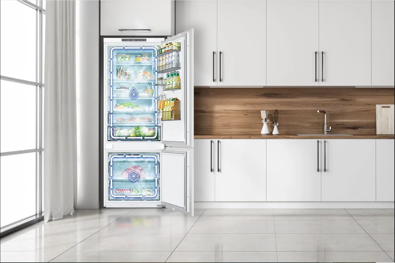 מקרר אינטגרלי 70 ס"מ מקפיא תחתון גמיש Digital Inverter דלת סליידר NO FROST מצב שבת הלכתי תוצרת Samsung דגם BRB38G705DWWM