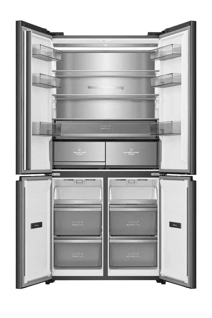 Hisense מקרר בעיצוב זכוכית שחורה מונוליטי 4 דלתות 90 ס"מ עומק 60 קו אפס 591 ליטר עם מגירת וואקום ומקפיא גמיש מבית Hisense דגם RQ84-QZERO — תמונה 13