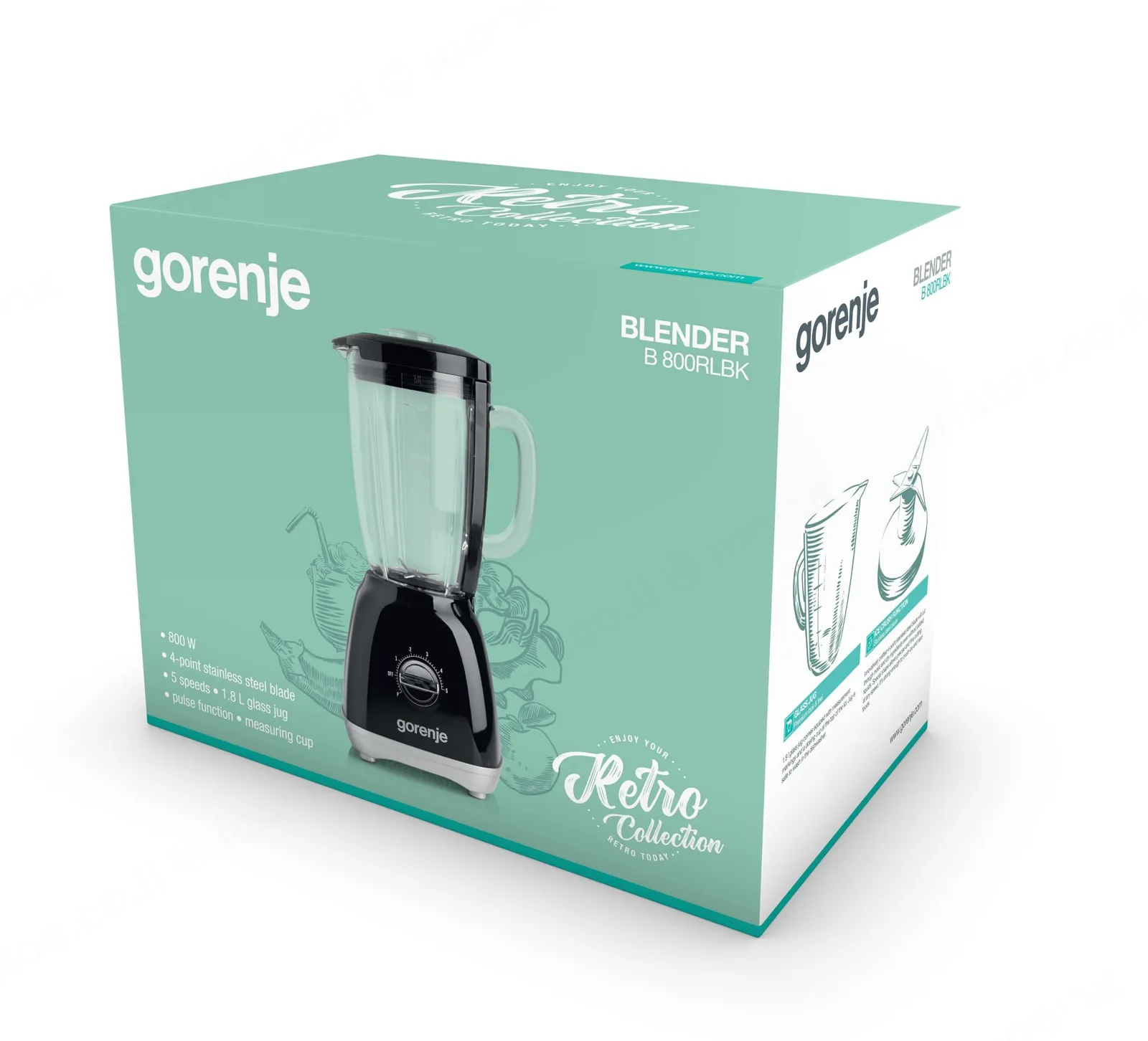 Gorenje בלנדר 1.8L 800W מיכל זכוכית סדרת הרטרו גימור שחור תוצרת Gorenje דגם B800RLBK — תמונה 5