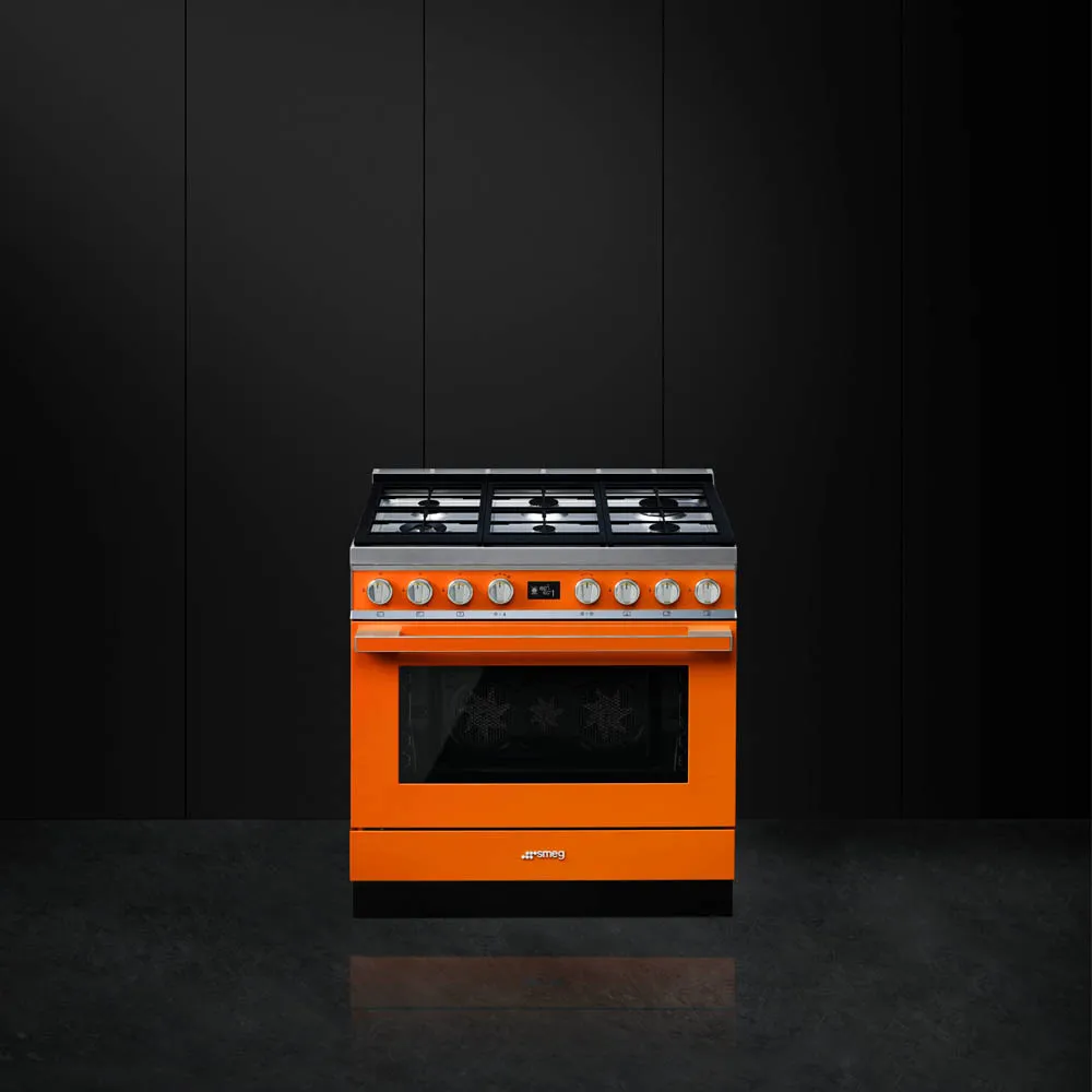SMEG תנור משולב כיריים גז 90 ס"מ פירוליטי סדרת PORTOFINO זכוכית בגימור כתום תוצרת SMEG דגם CPF9GPOR — תמונה 5