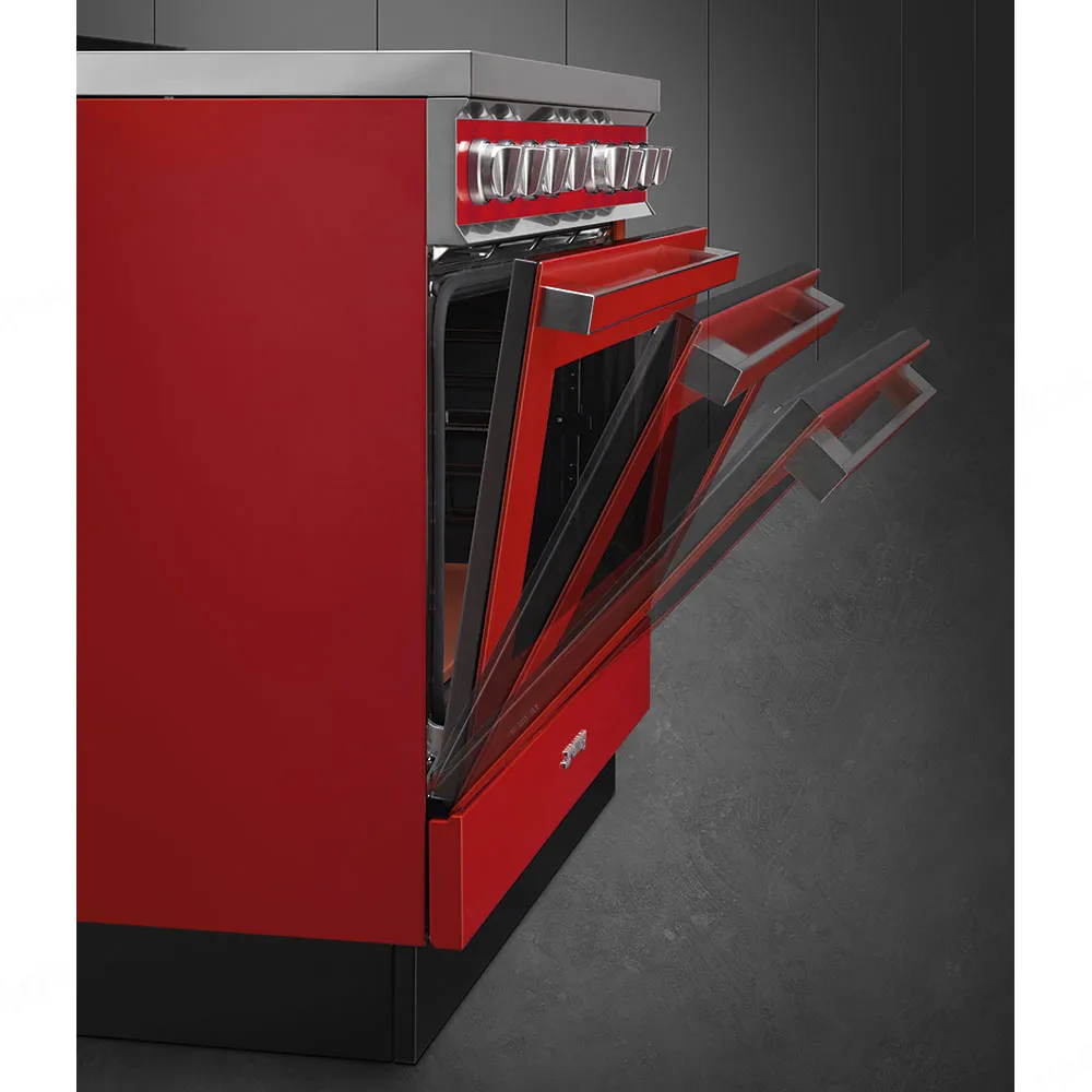 SMEG תנור משולב כיריים גז 90 ס"מ פירוליטי סדרת PORTOFINO זכוכית אדומה תוצרת SMEG דגם CPF9GPR — תמונה 4