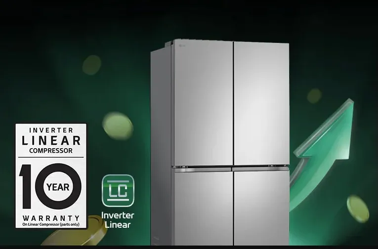 מקרר 4 דלתות 90 ס"מ 665 ליטר מנוע Inverter נירוסטה מוברשת מבית LG דגם GR-728S
