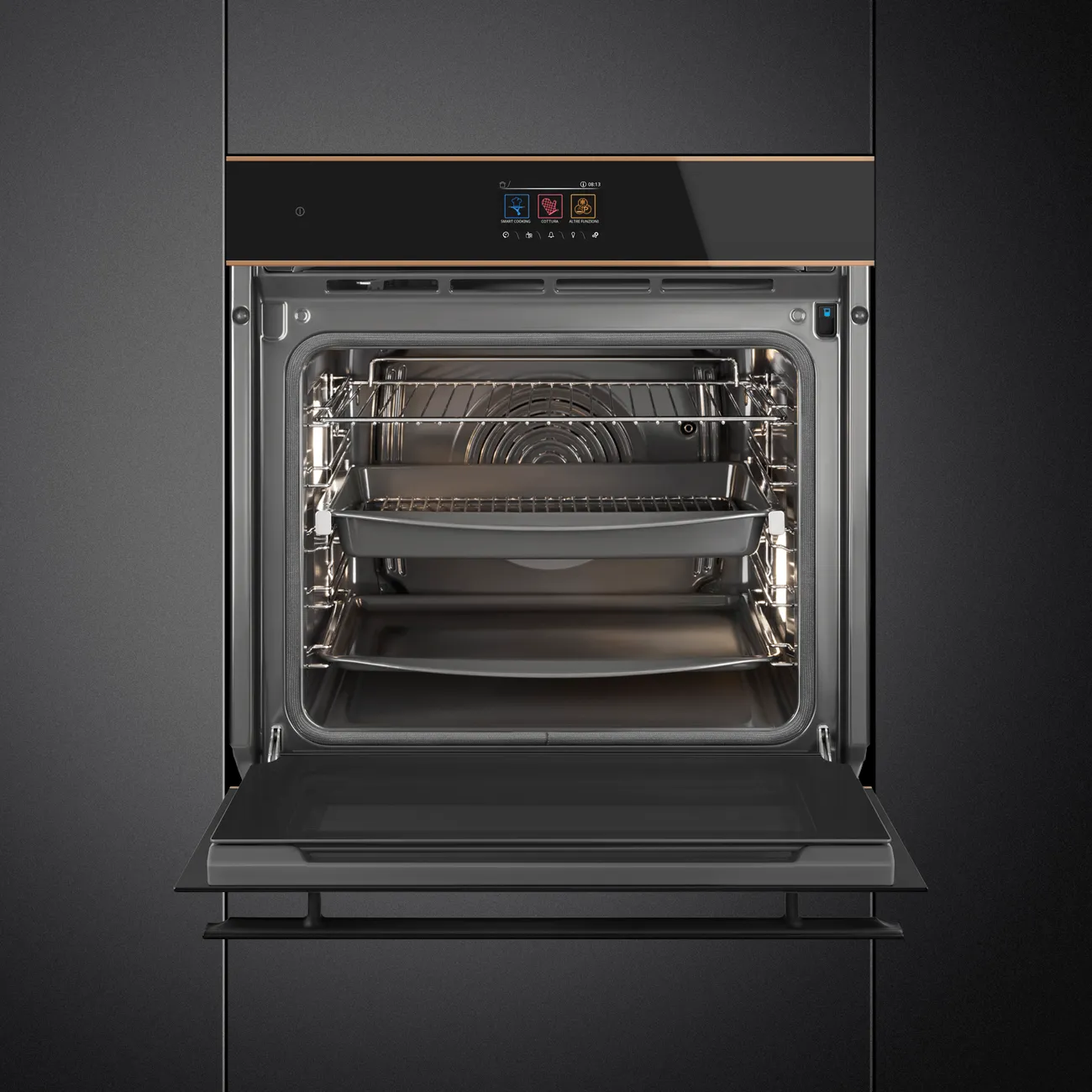 SMEG תנור בנוי 60 ס"מ פירוליטי זכוכית שחורה פסי זהב סדרת Dolce Stil Novo תוצרת SMEG דגם SOP6602TNR — תמונה 2