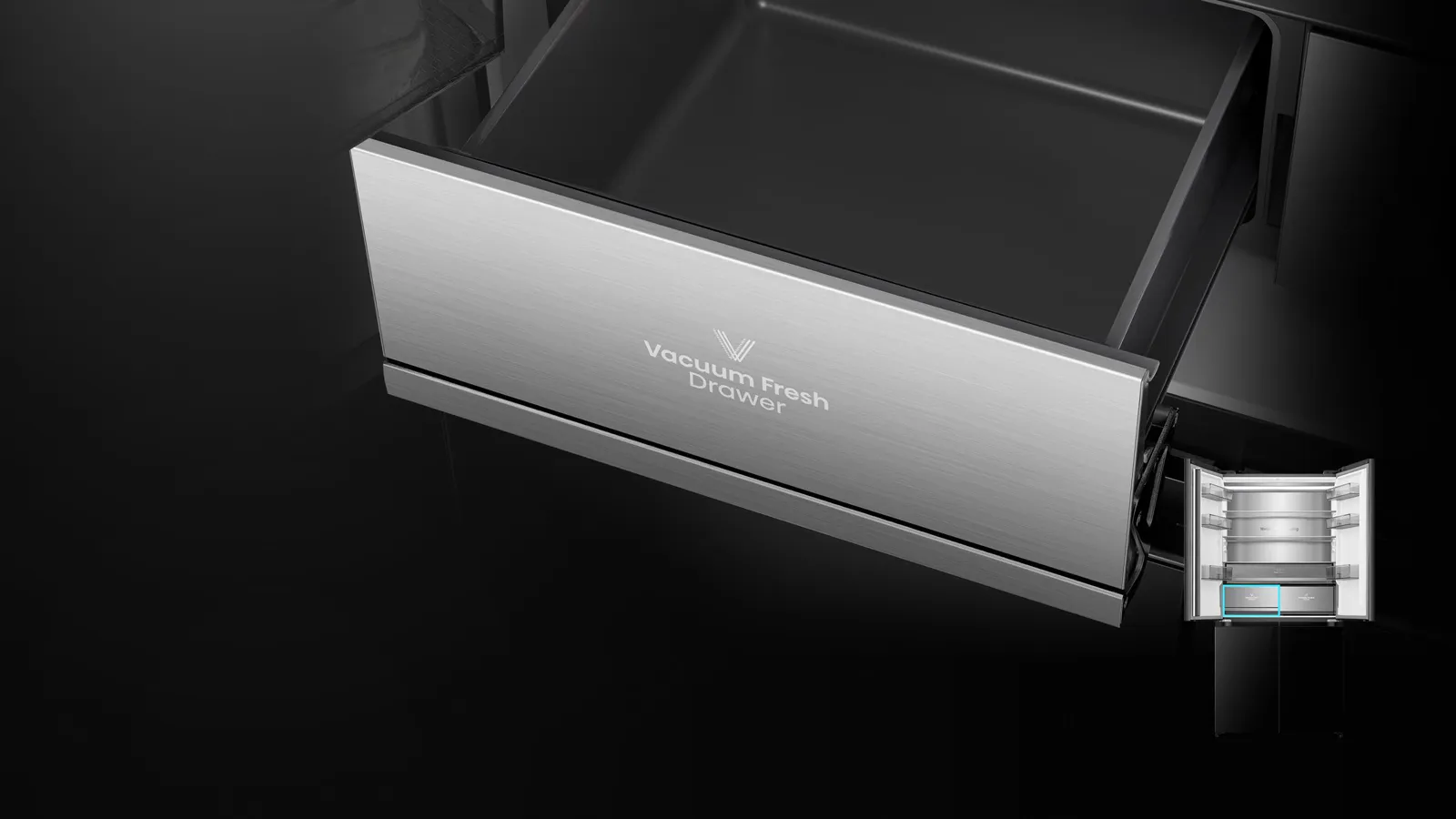 Hisense מקרר בעיצוב זכוכית שחורה מונוליטי 4 דלתות 90 ס"מ עומק 60 קו אפס 591 ליטר עם מגירת וואקום ומקפיא גמיש מבית Hisense דגם RQ84-QZERO — תמונה 6