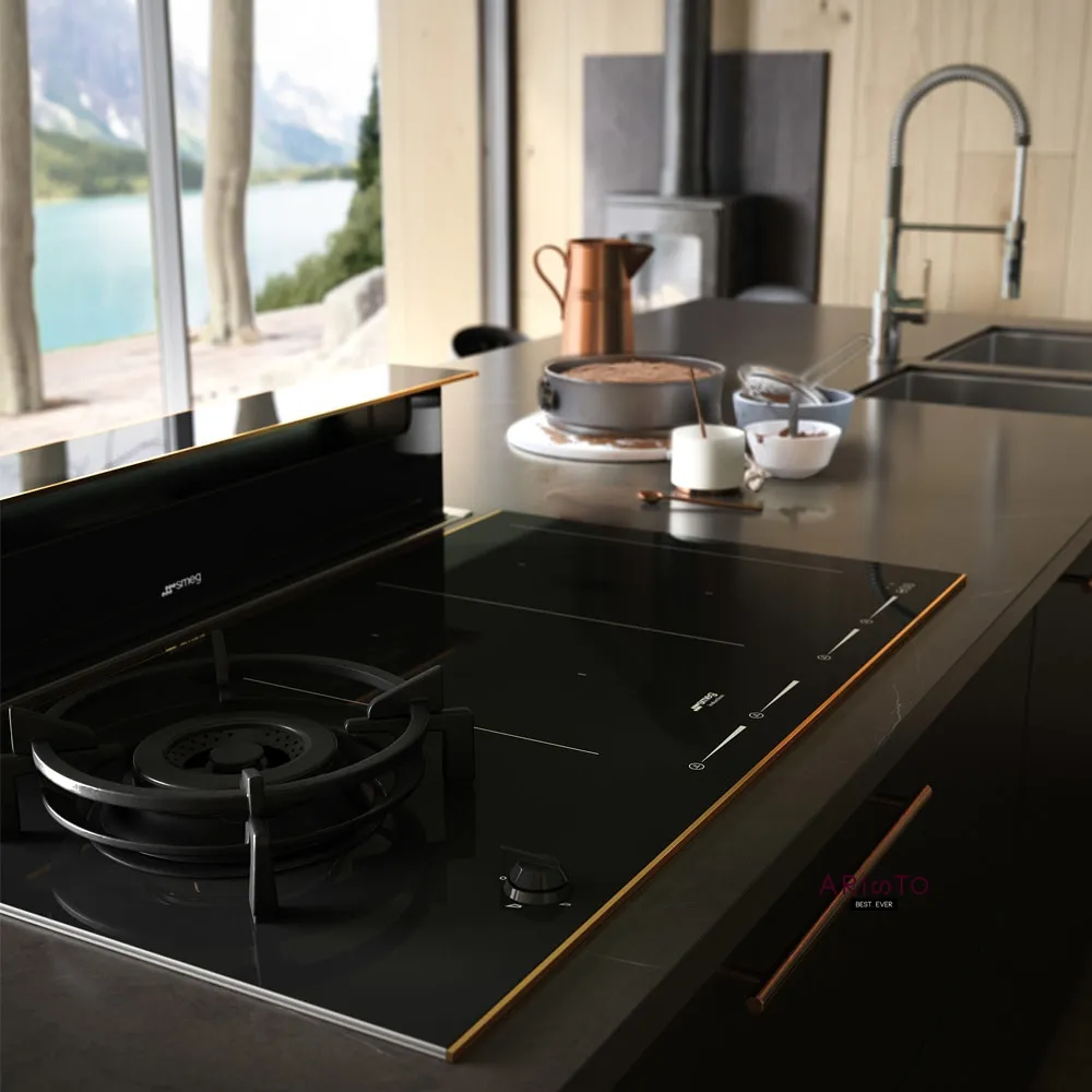 SMEG כיריים משולבים גז + אינדוקציה 90 ס"מ זכוכית שחורה מסגרת נחושת סדרת Dolce Stil Novo תוצרת SMEG דגם PM6912WLDR — תמונה 2