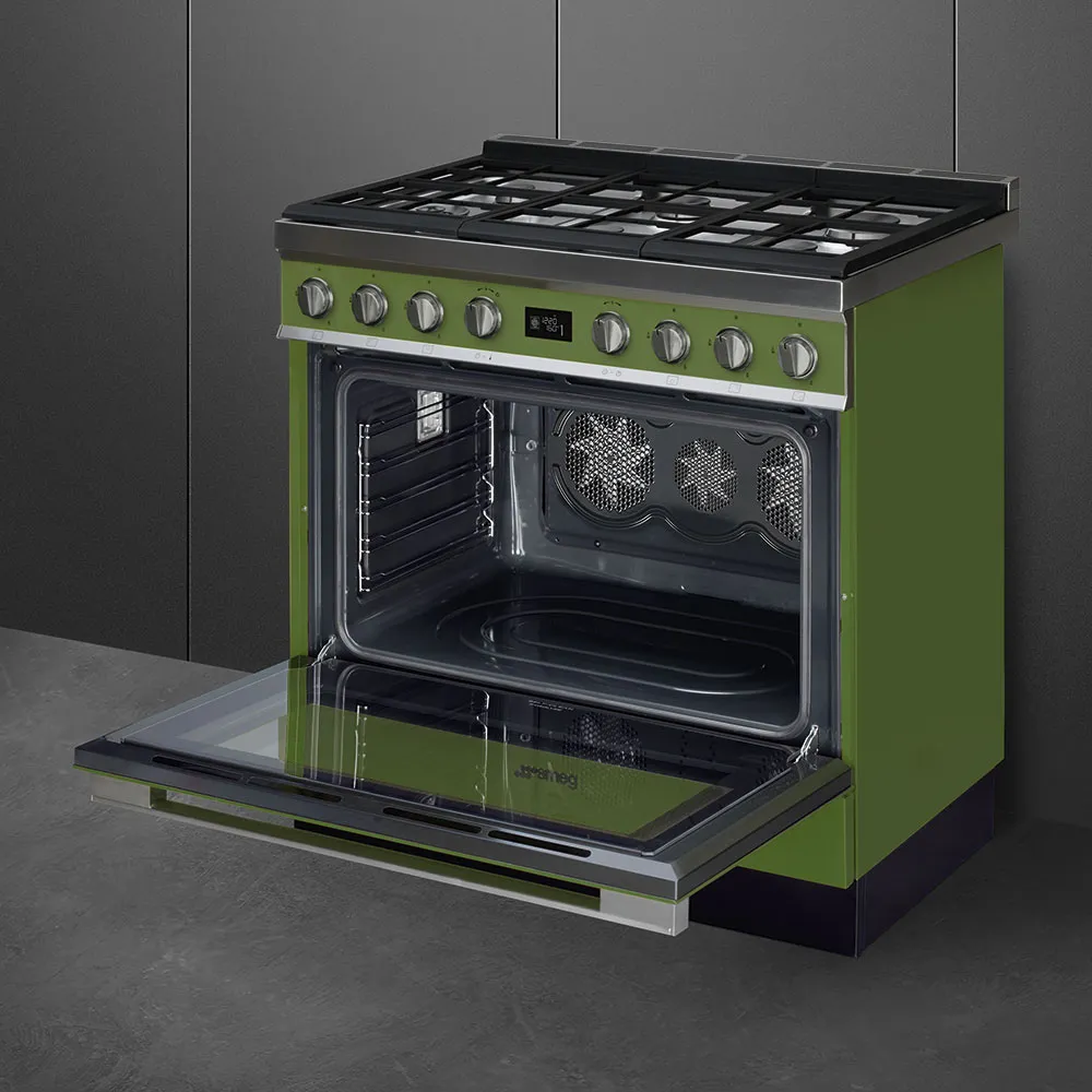 SMEG תנור משולב כיריים גז 90 ס"מ פירוליטי סדרת PORTOFINO זכוכית בגימור ירוק זית תוצרת SMEG דגם CPF9GPOG — תמונה 7