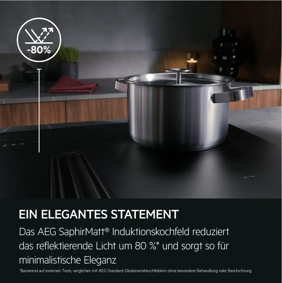 AEG כיריים אינדוקציה בשילוב קולט אדים 83 ס"מ MaxiSense® Plus משטח מט נגד שריטות Saphirmatt תוצרת AEG דגם XCD6847AS — תמונה 4