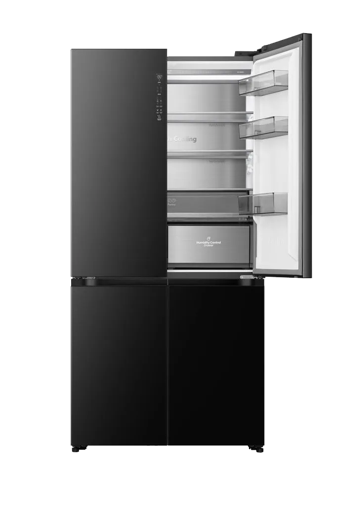 Hisense מקרר בעיצוב זכוכית שחורה מונוליטי 4 דלתות 90 ס"מ עומק 60 קו אפס 591 ליטר עם מגירת וואקום ומקפיא גמיש מבית Hisense דגם RQ84-QZERO — תמונה 12