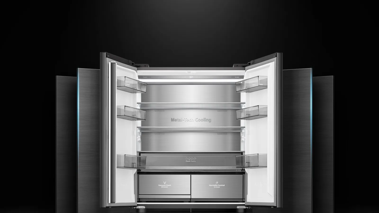 Hisense מקרר בעיצוב זכוכית שחורה מונוליטי 4 דלתות 90 ס"מ עומק 60 קו אפס 591 ליטר עם מגירת וואקום ומקפיא גמיש מבית Hisense דגם RQ84-QZERO — תמונה 5