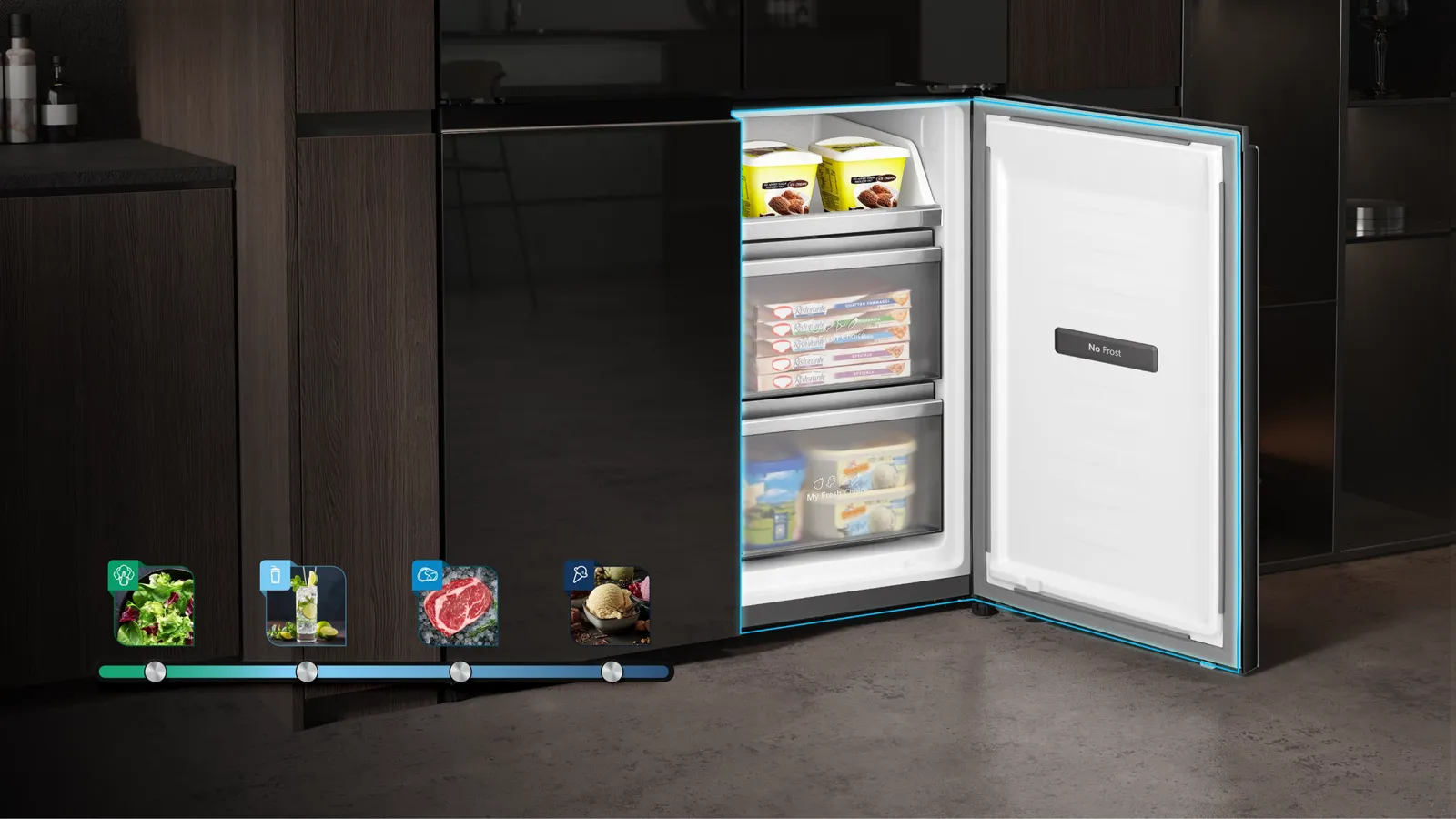Hisense מקרר בעיצוב זכוכית שחורה מונוליטי 4 דלתות 90 ס"מ עומק 60 קו אפס 591 ליטר עם מגירת וואקום ומקפיא גמיש מבית Hisense דגם RQ84-QZERO — תמונה 8