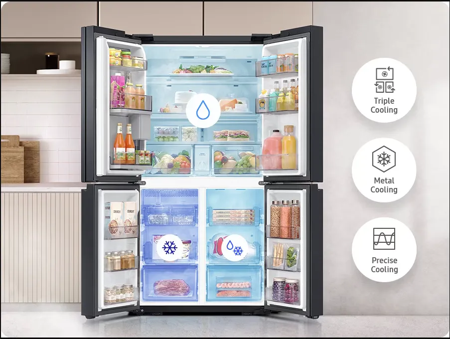 מקרר חכם 4 דלתות 90 ס"מ 842 ליטר מצב שבת קיוסק פנימי גימור שחור מוברש Family hub תוצרת Samsung דגם RF87DG9817B1