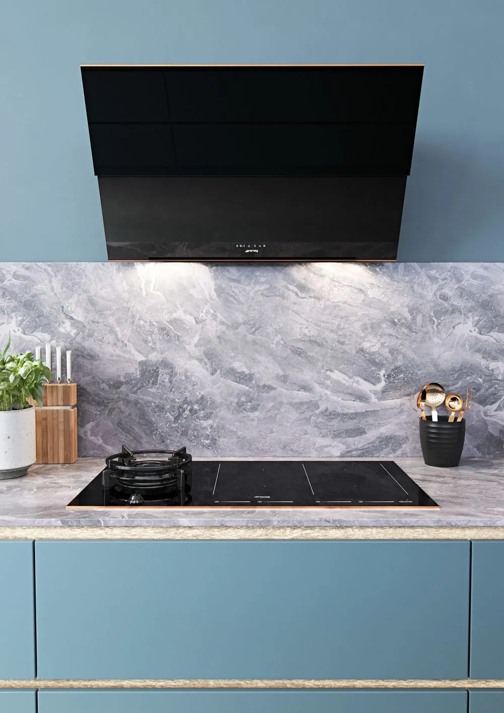 SMEG כיריים משולבים גז + אינדוקציה 90 ס"מ זכוכית שחורה מסגרת נחושת סדרת Dolce Stil Novo תוצרת SMEG דגם PM6912WLDR — תמונה 4