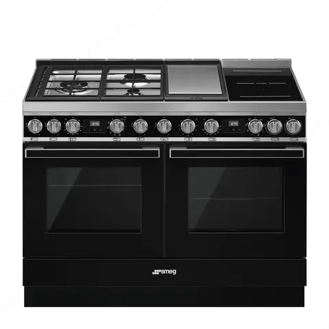 SMEG תנור משולב דו תאי 120 ס"מ עם כיריים גז+אינדוקציה ניקוי פירוליטי ובישול באדים צבע שחור תוצרת SMEG דגם CPF120IGMPBL