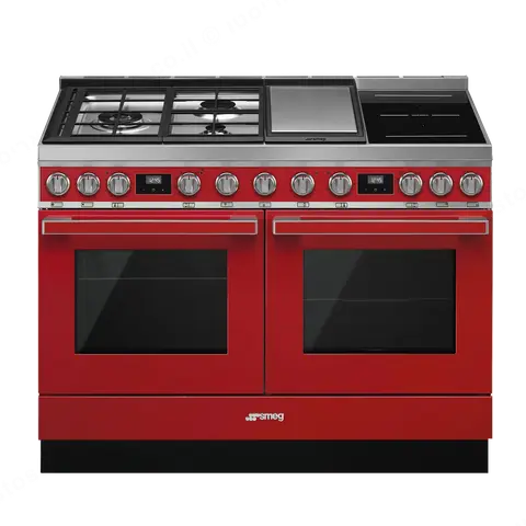 SMEG תנור משולב דו תאי 120 ס"מ עם כיריים גז+אינדוקציה ניקוי פירוליטי ובישול באדים צבע אדום תוצרת SMEG דגם CPF120IGMPR