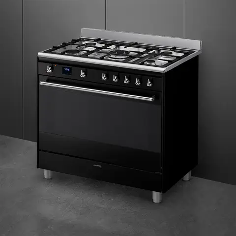 SMEG תנור משולב 90 ס"מ 5 מבערים ניקוי באדים גימור שחור לכה מבריק תוצרת SMEG דגם SSA91MABL2