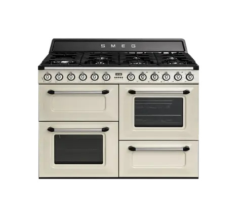 SMEG תנור משולב עם כיריים גז, 3 תאי אפיה ותא אחסון תחתון צבע קרם, 110 ס"מ מסדרת Victoria תוצרת SMEG דגם TR4110PF