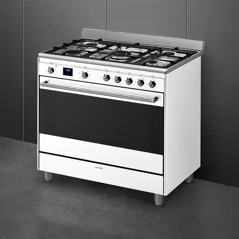 SMEG תנור משולב 90 ס"מ 5 מבערים ניקוי באדים גימור לבן תוצרת SMEG דגם SSA91MAWH2